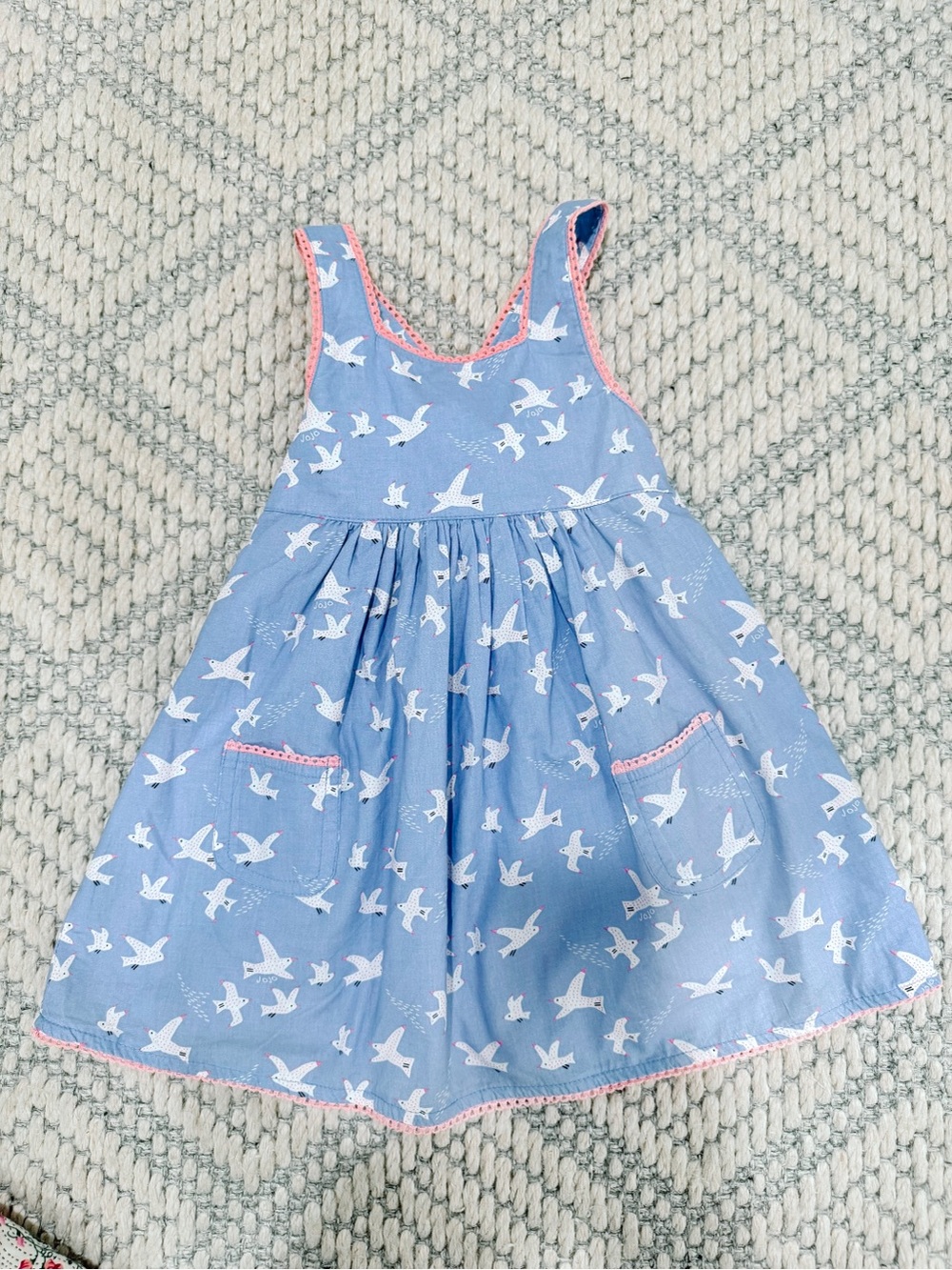 12-19M JoJo Maman Bebe Light Blue Bird-Print Dress with Pink Trim